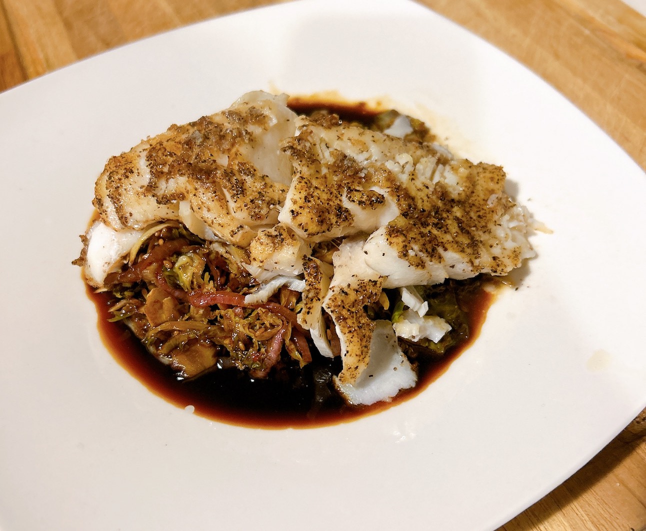 Pan Seared Sea Bass and Roasted Brussels Sprout Salad