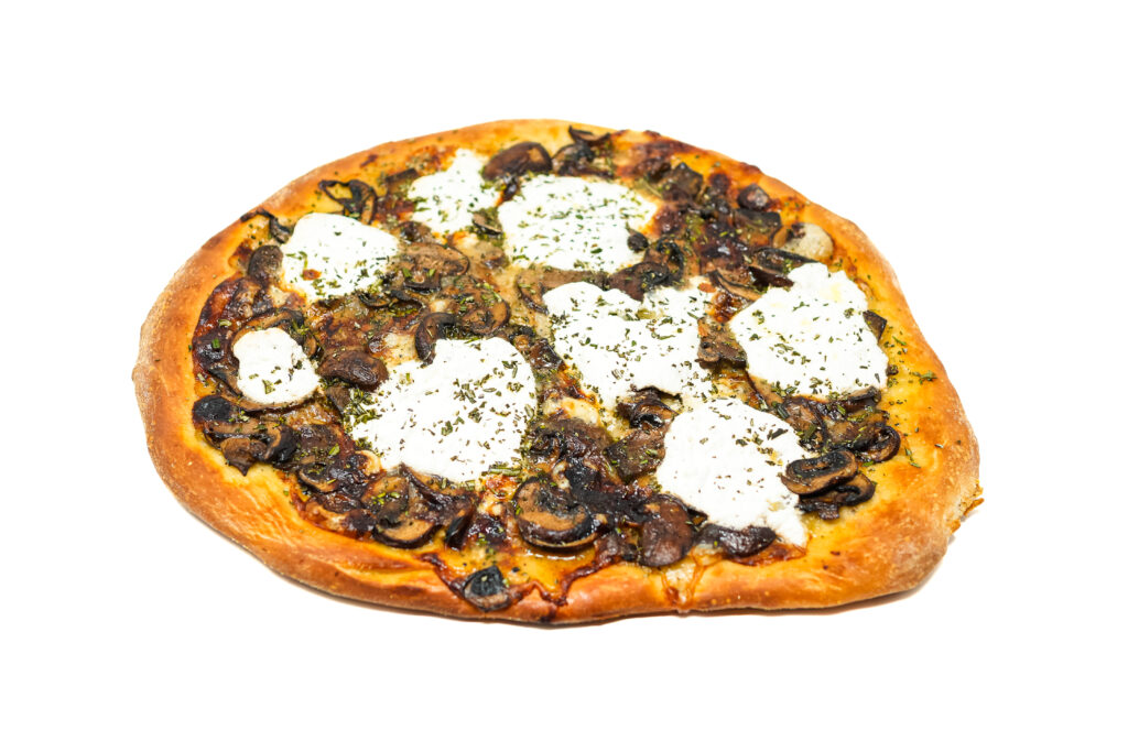 A freshly baked Truffle Mushroom Brie Pizza with golden crust, melted Brie, sautéed mushrooms, and a drizzle of truffle oil, topped with fresh rosemary.