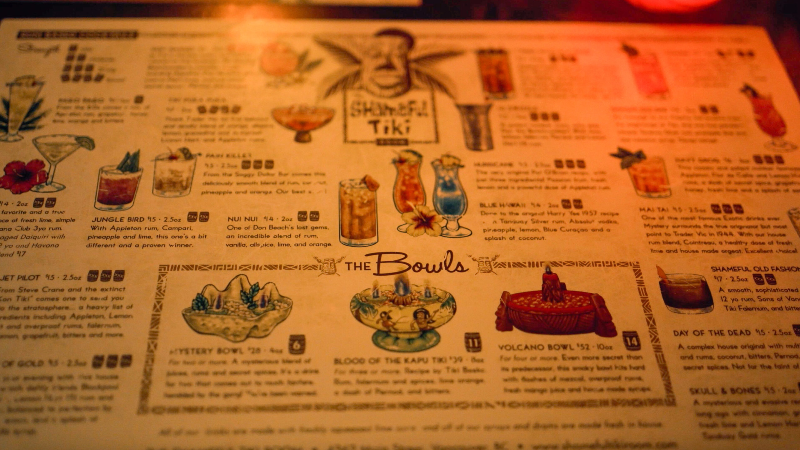 Illustrated tiki drink menu at The Shameful Tiki Room.