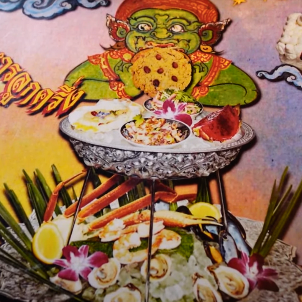Colorful mural featuring Thai dishes and retro design at the entrance of Thai Diner in NYC.