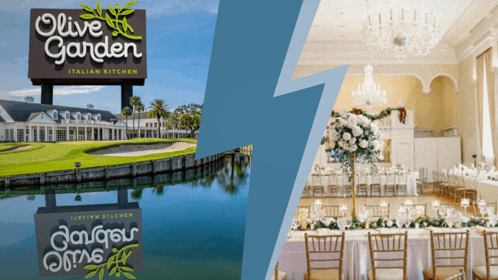 Split image showing an Olive Garden restaurant sign on one side and an elegant country club dining room on the other, symbolizing the contrast between casual chain dining and upscale exclusivity.