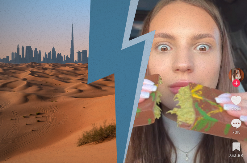 Split image of Dubai's desert skyline and a woman eating viral green-filled Dubai chocolate, with TikTok engagement metrics visible.