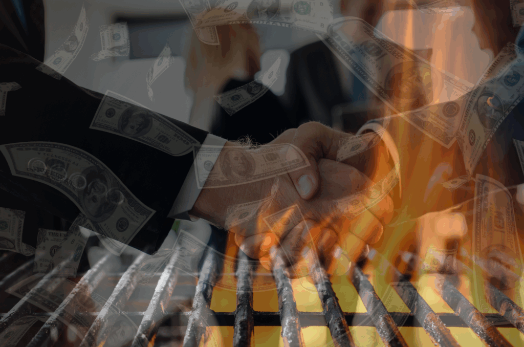 A handshake between businessmen over a flaming grill, with dollar bills falling around them — symbolizing deals that burn through money.