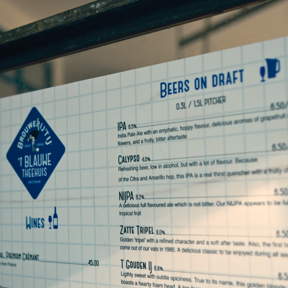 Beer menu at Taproom ’t Blauwe Theehuis in Amsterdam featuring Brouwerij ’t IJ craft beers on draft