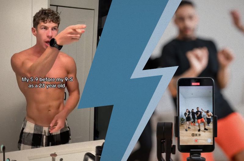A split image showing Chase Ridgeway shirtless taking a mirror selfie with text 'My 5-9 before my 9-5 as a 25 year old' on the left, and on the right, a blurred image of people filming content with a smartphone on a tripod in what appears to be a gym or studio setting.