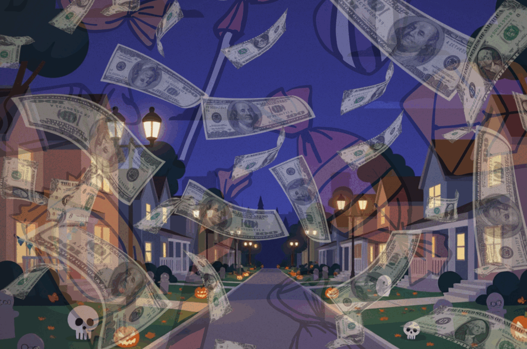 A suburban neighborhood decorated for Halloween with jack-o’-lanterns and gravestones while dollar bills rain through the street, symbolizing the commercialization of the holiday.