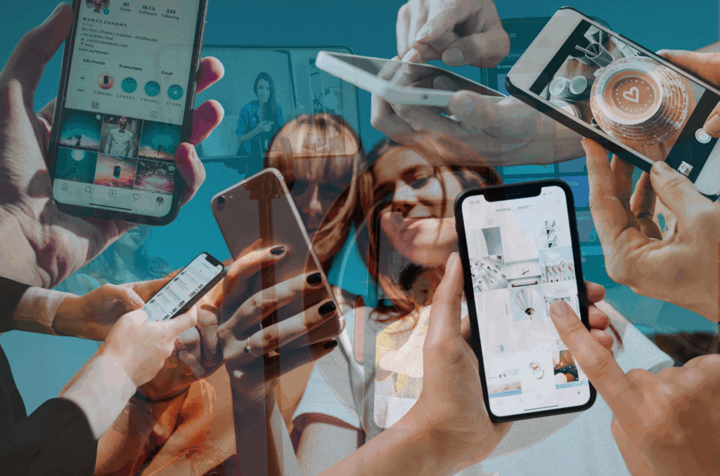 Layered photo collage of people using smartphones, reflecting modern social media culture and digital overload.