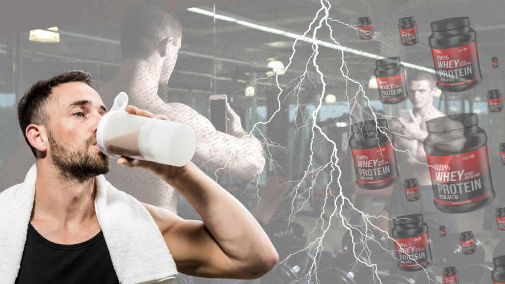 A satirical digital collage featuring a man drinking from a shaker bottle in a gym, surrounded by dramatic lightning bolts and floating tubs of whey protein powder, illustrating the "Era of Brotein" and supplement obsession.