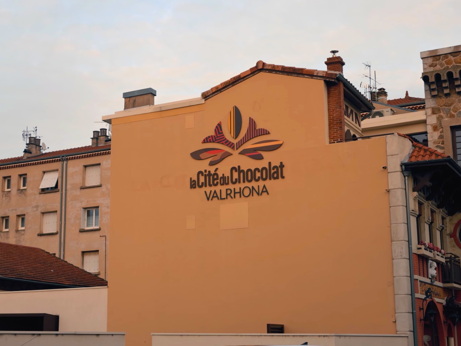 Exterior building sign for La Cité du Chocolat Valrhona in Tain L'Hermitage.