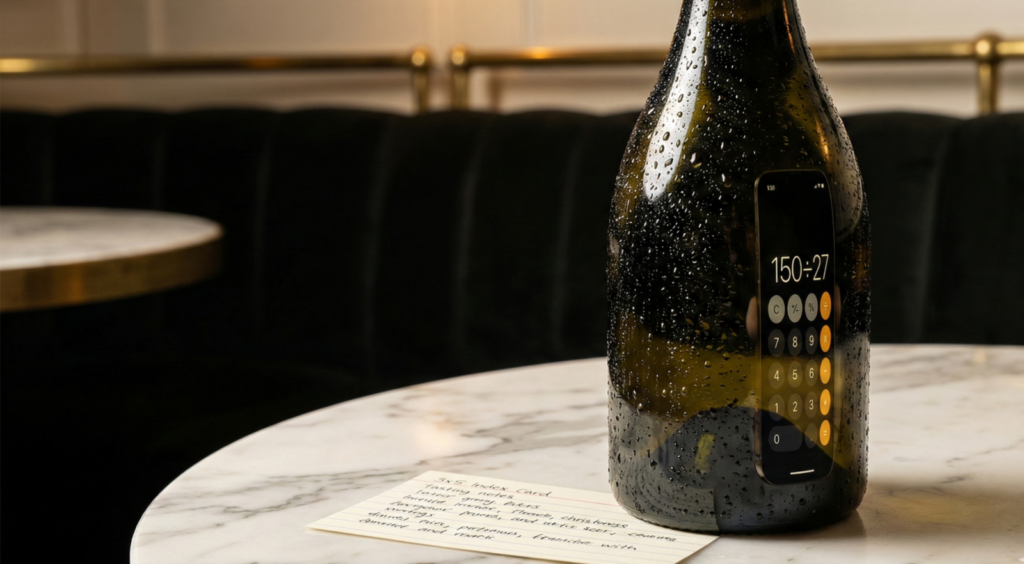 A close-up of a dark wine bottle sitting on a marble table in a dimly lit restaurant. A reflection on the bottle shows a smartphone calculator displaying "150 ÷ 27". Next to the bottle is a handwritten index card with wine tasting notes.