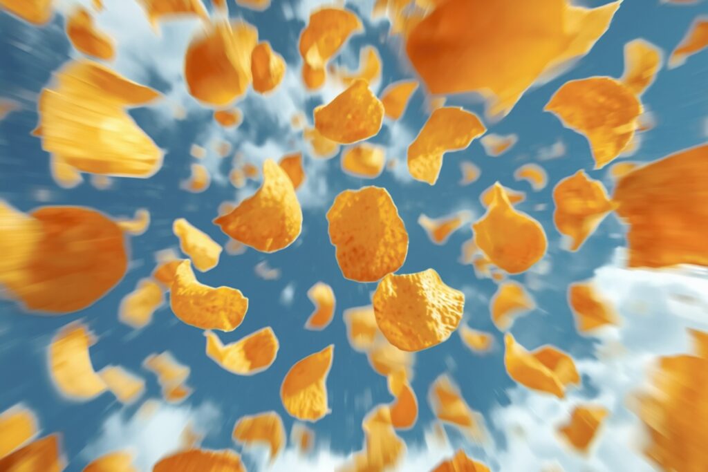 A dynamic, surreal image of dozens of potato chips raining down from a bright blue, cloudy sky. The motion blur creates a sense of an overwhelming flood, visually representing the inescapable barrage of engineered, ultra-processed snacks in the modern diet that are frequently masked by natural, sunny aesthetics.