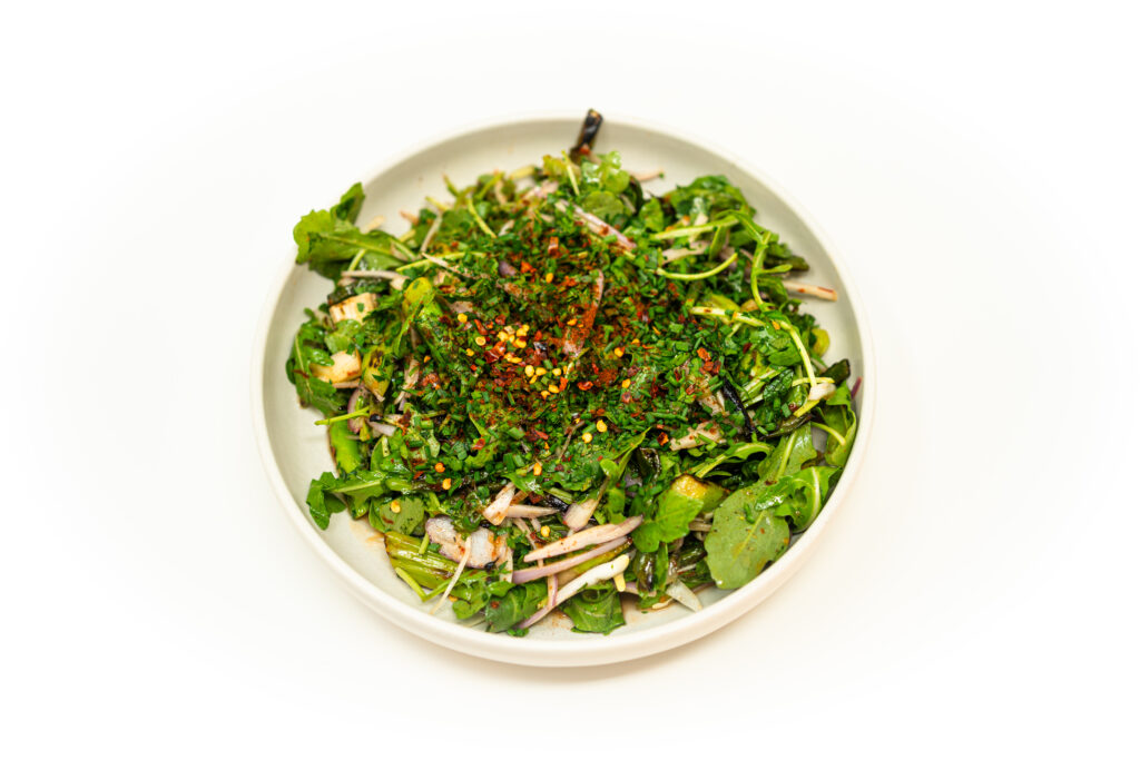 Overhead shot of charred asparagus and long beans tossed in arugula and herbs, topped with minced chives and red pepper flakes in a shallow bowl.